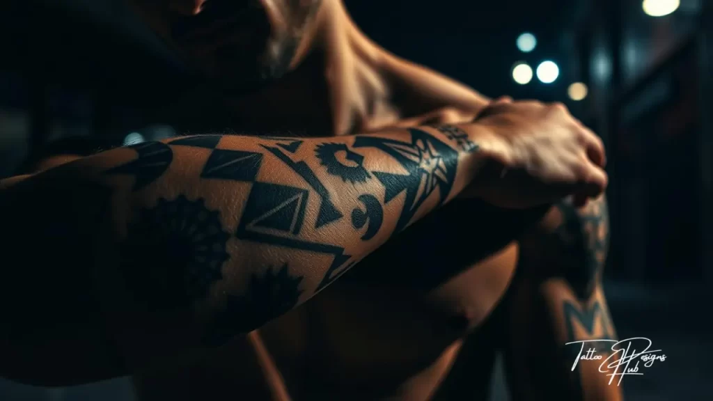 Minimalist forearm tattoo for men – clean black ink with geometric shapes