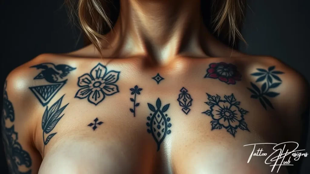 Bold black ink chest tattoo design for women showcasing confidence