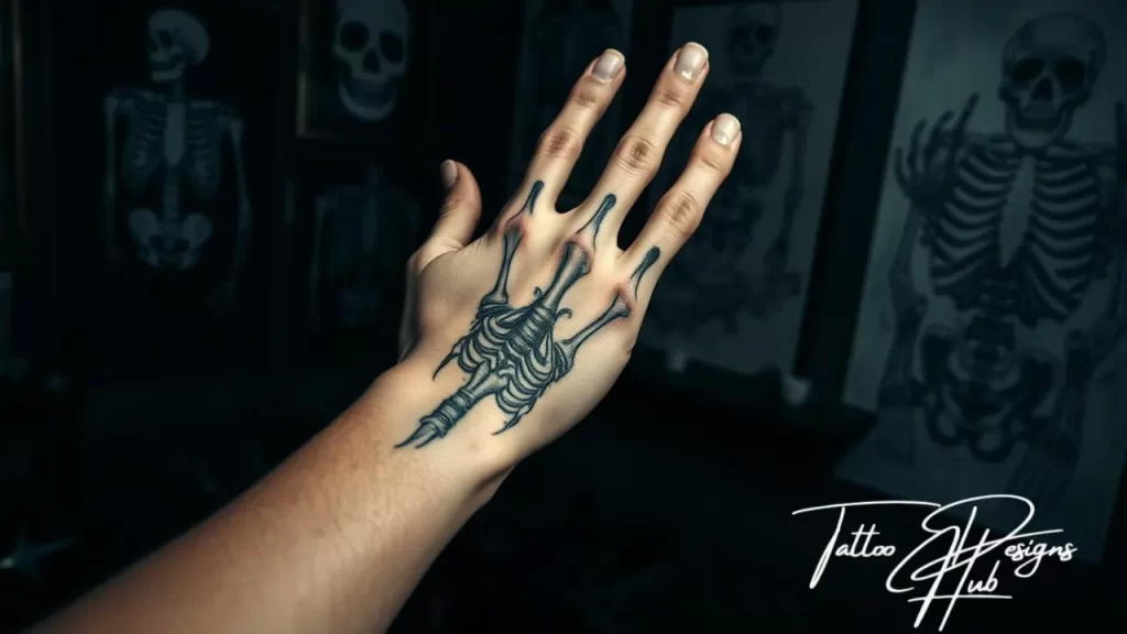 Bold full-hand blackout skeleton tattoo with contrasting bone highlights