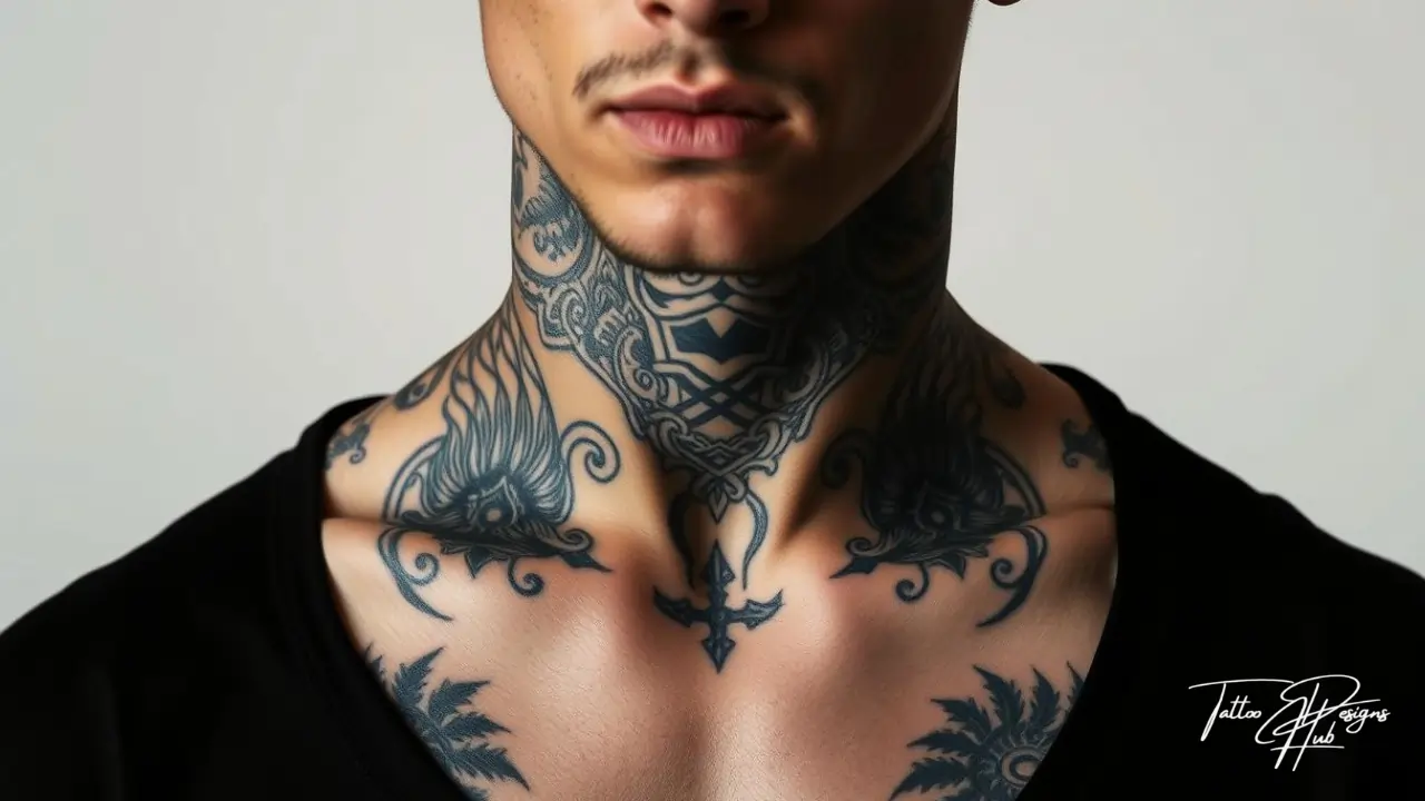 Bold wolf neck tattoo for men symbolizing strength and leadership