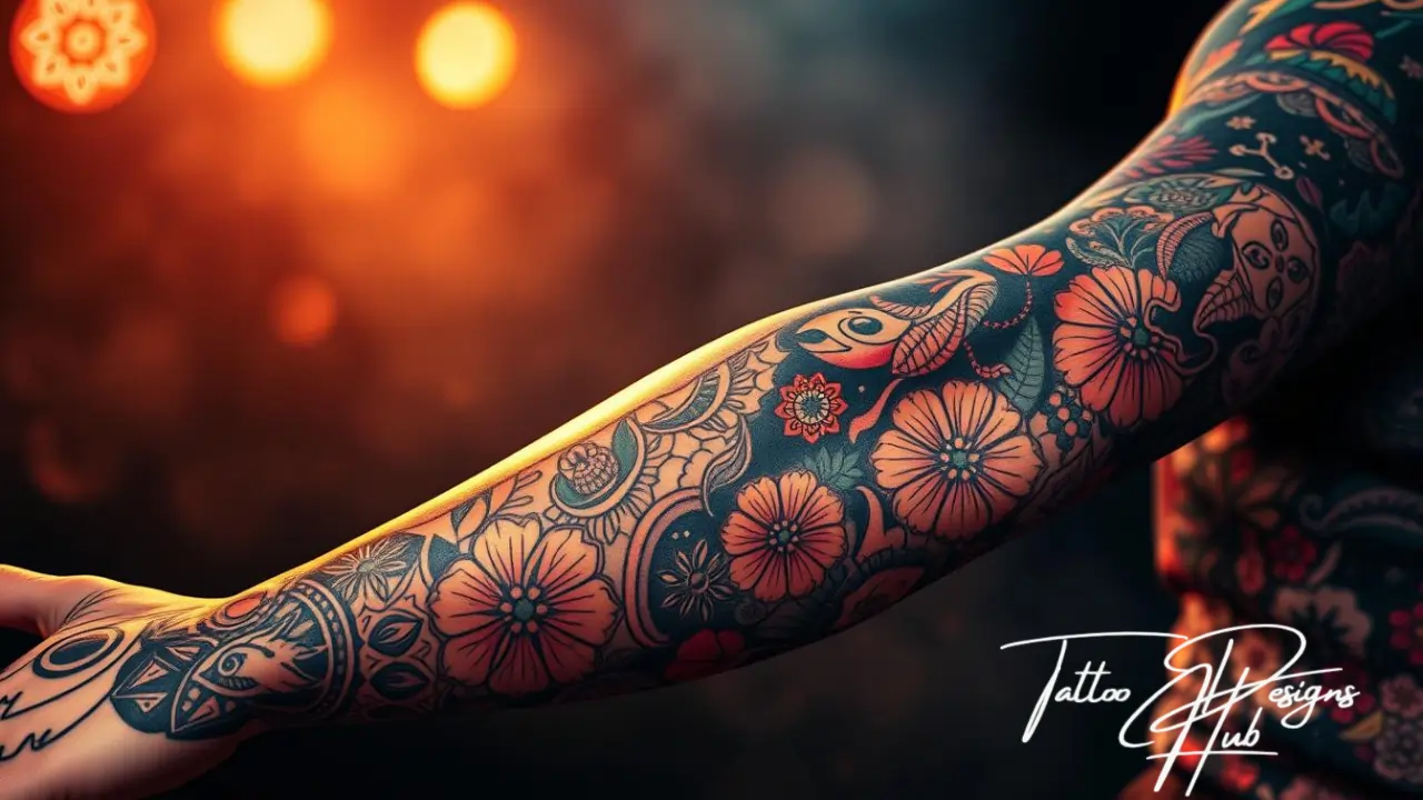 Vibrant neo-traditional tattoo sleeve design with bright colors and bold line
