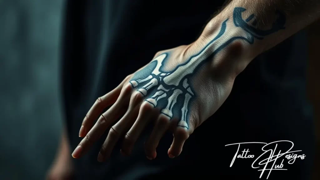 Detailed skeleton hand tattoo with realistic bone structure on fingers and palm