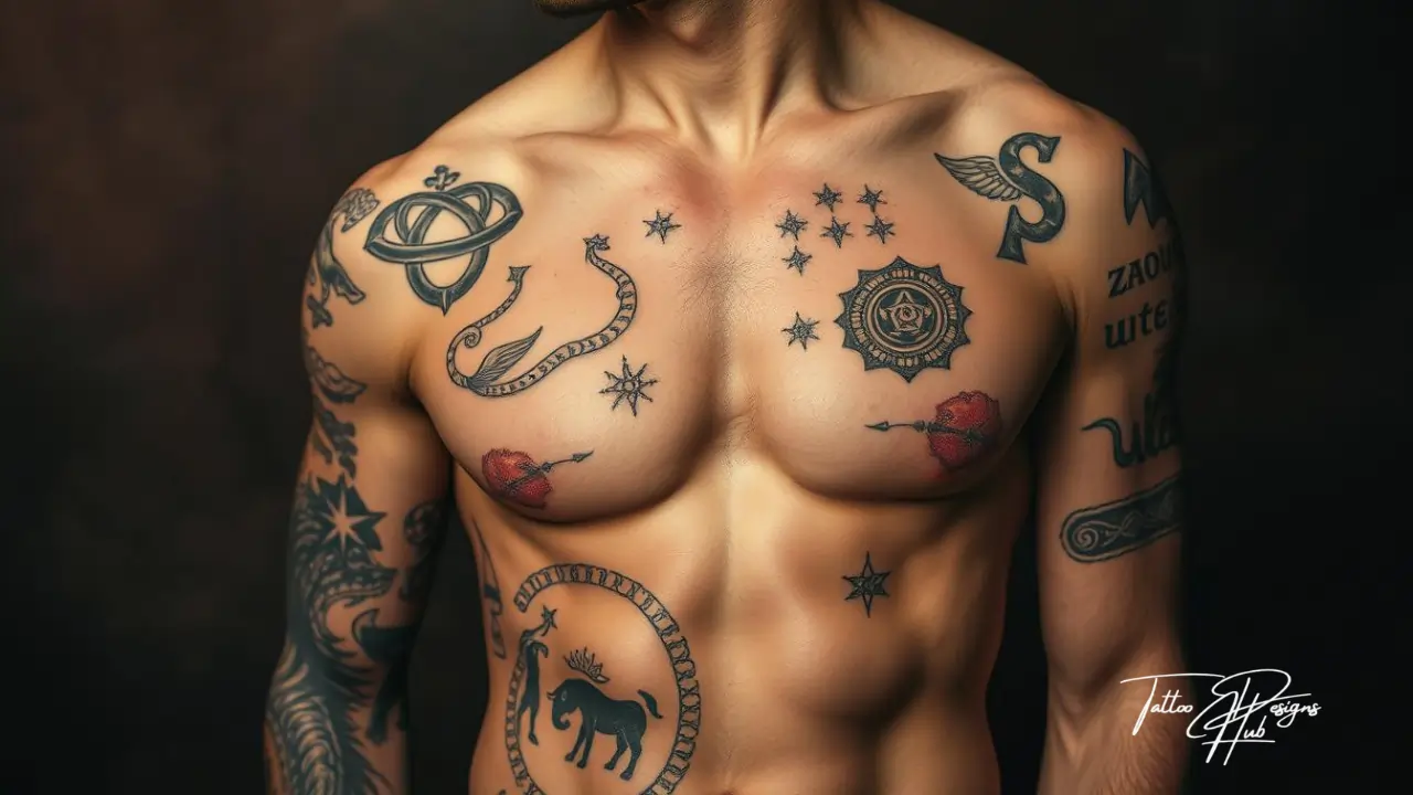 Infographic showcasing 50 tattoo ideas for men with meaning, including categories like strength, courage, spirituality, personal growth, and artistic expression, with illustrated icons and design meanings.