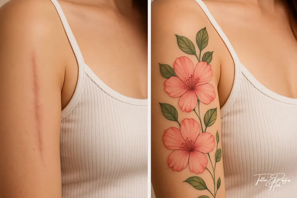 Flowers are among the most popular choices. Roses, lotuses, cherry blossoms — they can be used to soften sharp scar lines and symbolize growth and beauty.