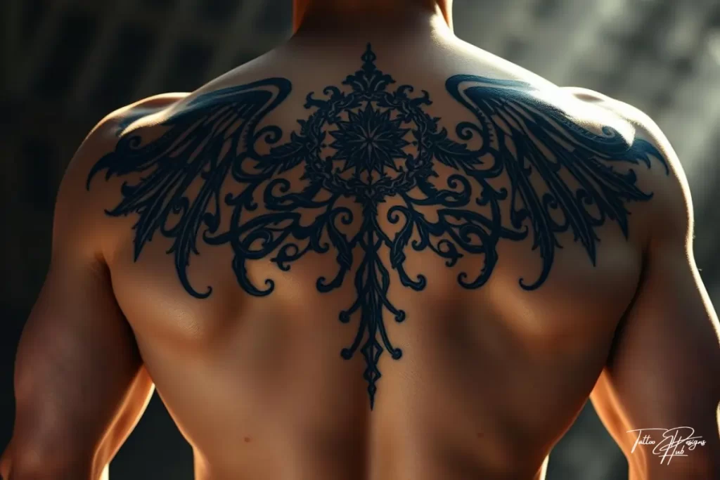 Large angel wings tattoo spread across the back of a man