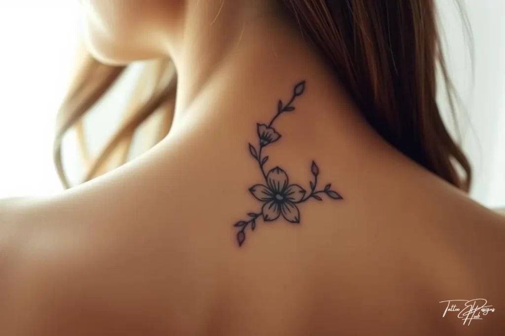A small butterfly tattoo inked at the center of a woman’s back neck