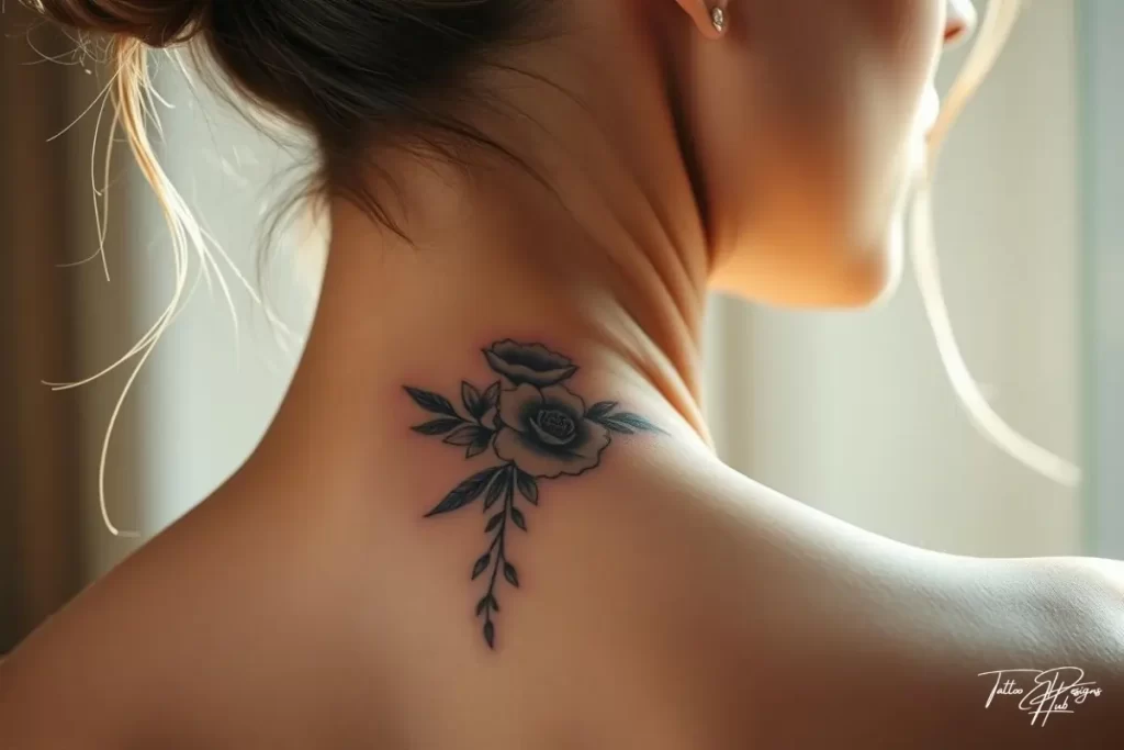 A feminine floral tattoo on the back of a woman’s neck with fine linework