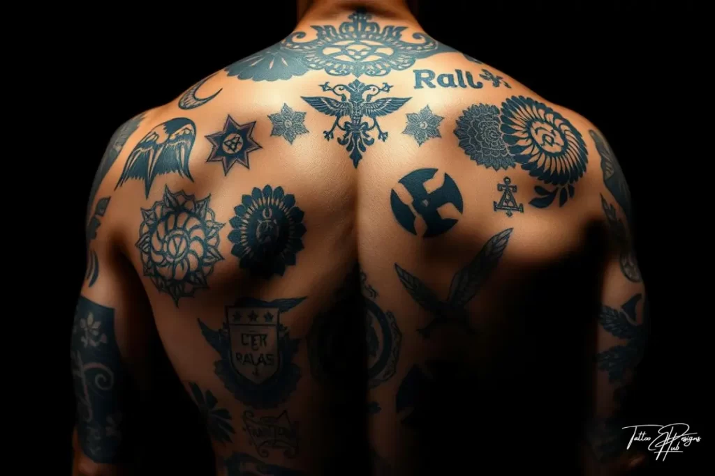 Modern geometric shapes forming a large symmetrical back tattoo