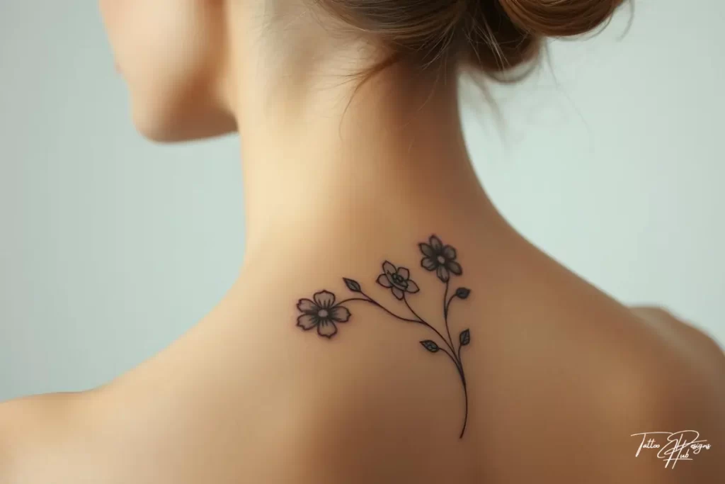 Meaningful quote tattooed along the spine on a woman's back neck