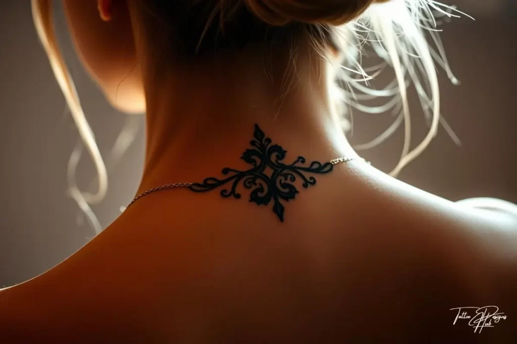 	Intricate mandala pattern tattoo for women on the back neck