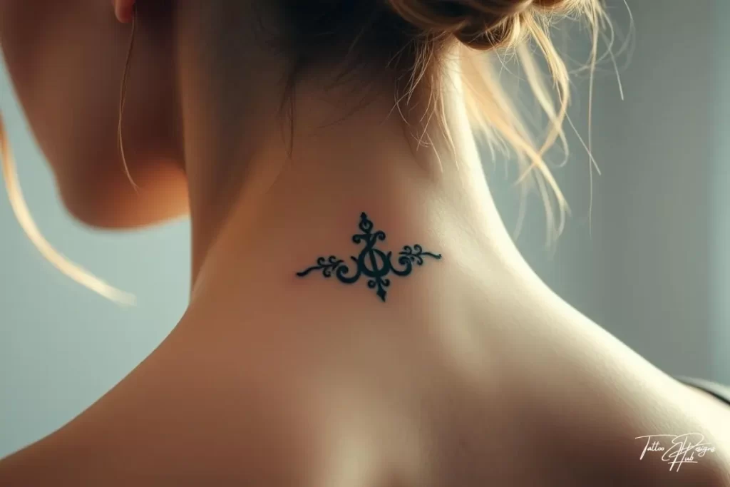 A soft, black feather tattoo on back neck for a graceful look