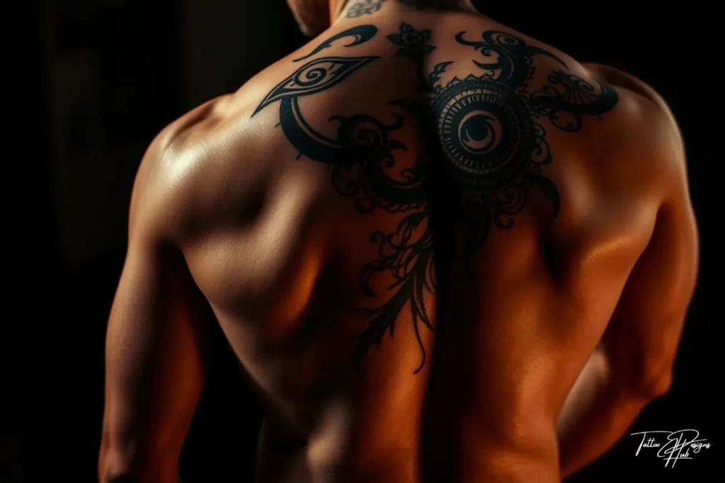 A realistic roaring lion tattoo on a man's upper back