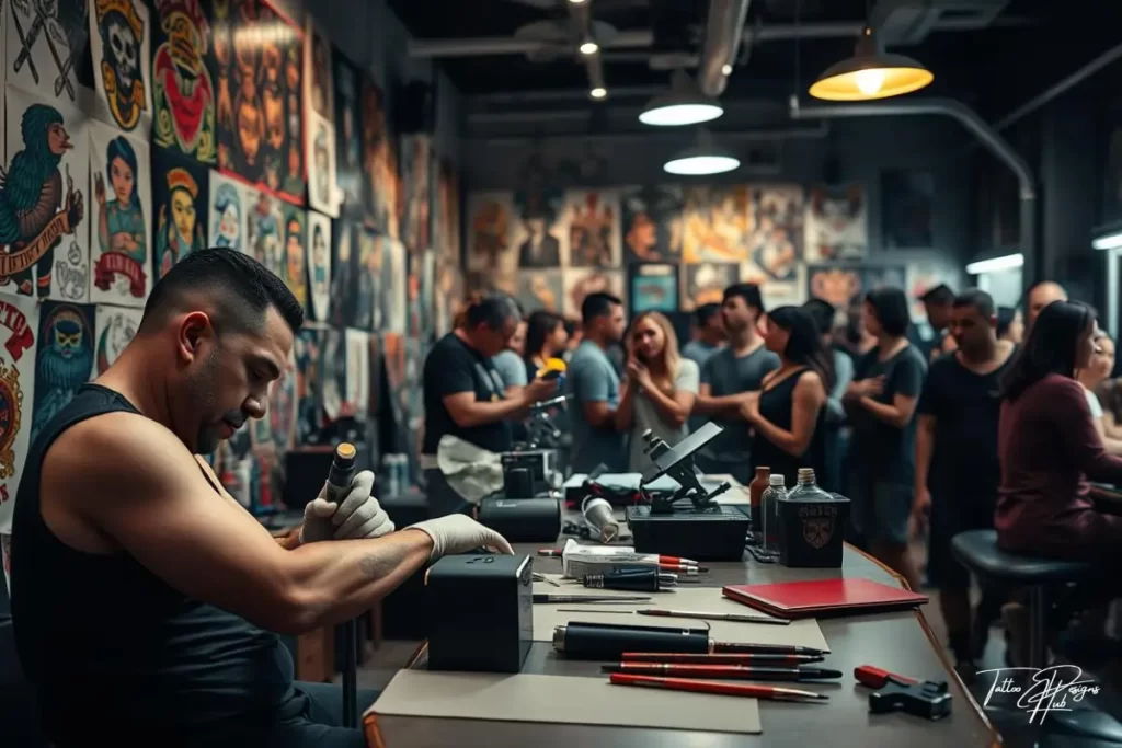 A young tattoo artist learning under a professional mentor