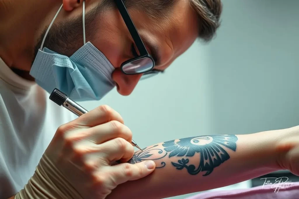 A tattoo artist compiling a portfolio book of their best designs