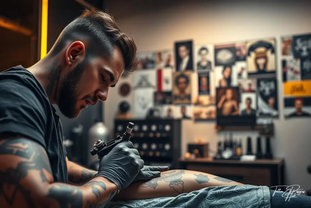 A beginner practicing tattoo sketches on paper in an art studio