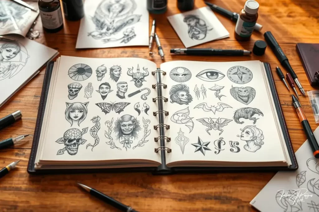 Close-up of tattoo machine, ink bottles, and needles on a workstation