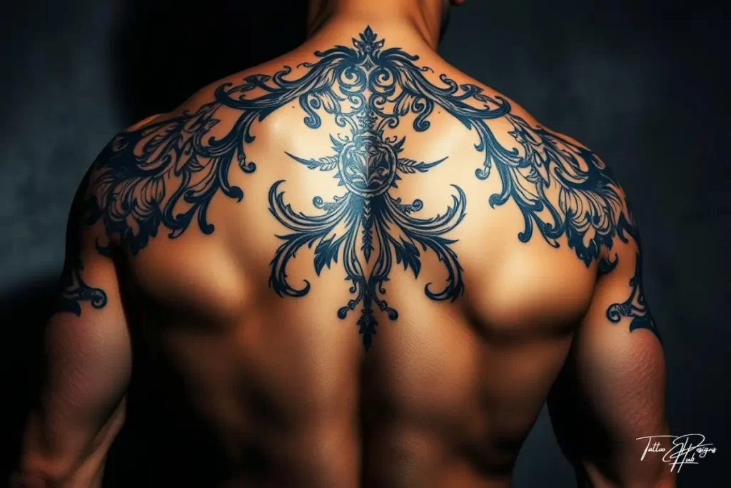 A bold tribal tattoo covering the upper and mid-back of a muscular man