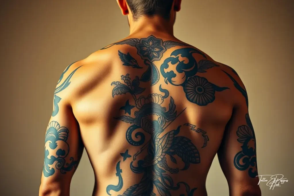 A howling wolf on a mountain under moonlight on the upper back