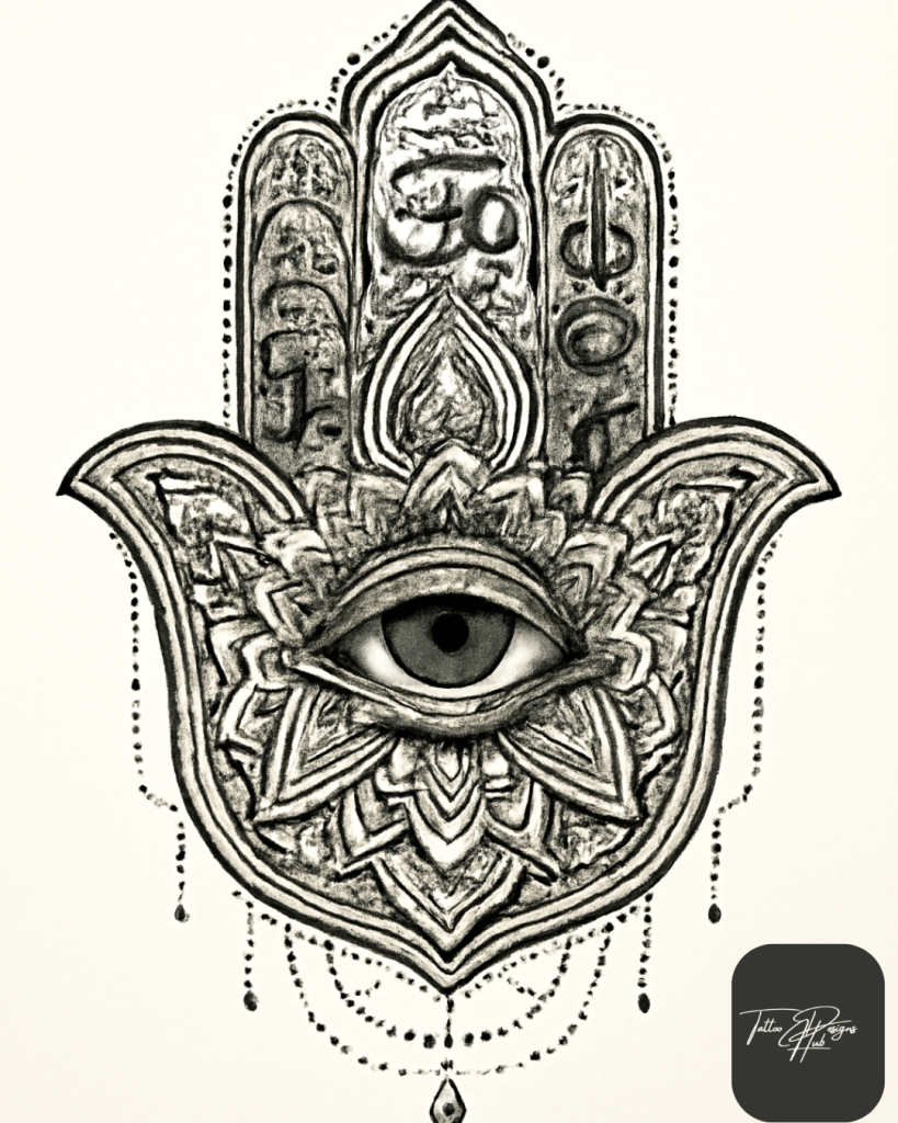 Hamsa Hand Tattoo design -The Hamsa Hand offers protection from evil, and brings blessings, prosperity, and peace. It is valued in both Vastu and Middle Eastern traditions, and looks great on the wrist or forearm.