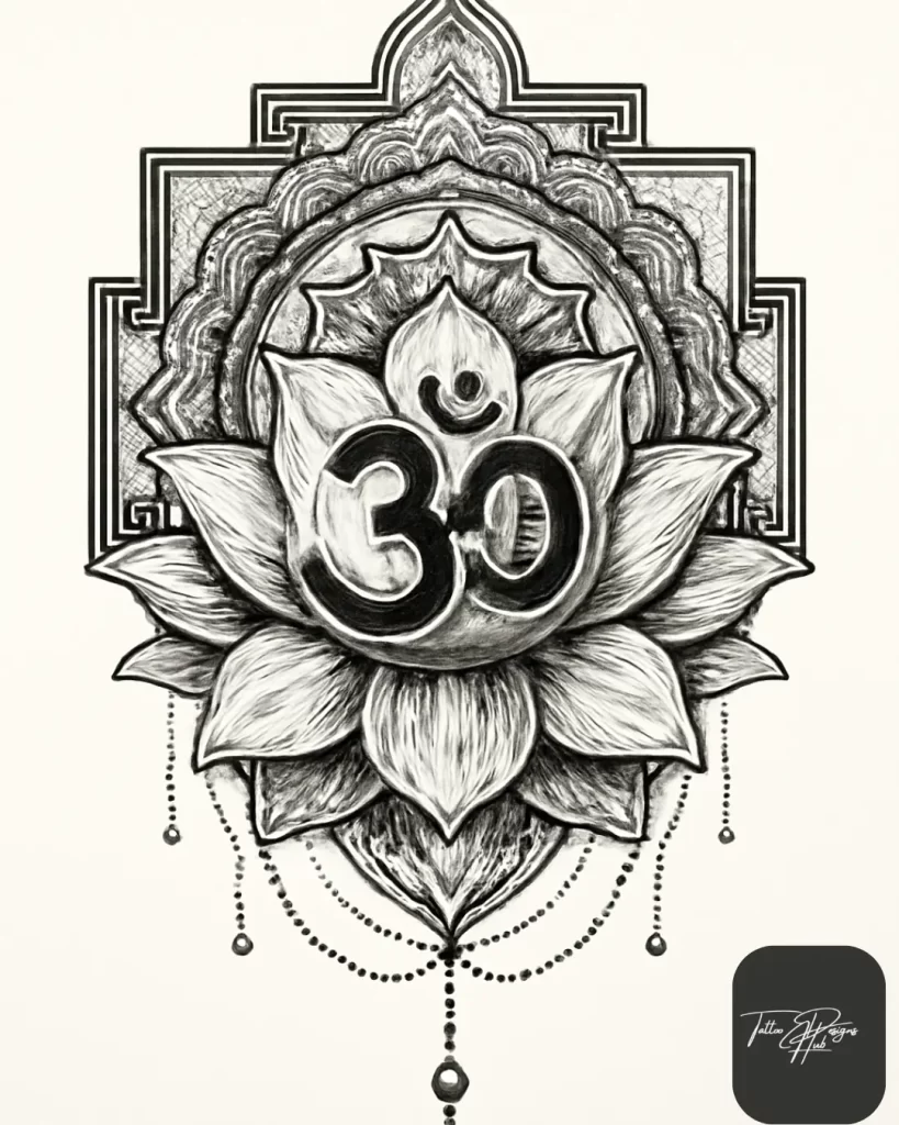 lotus flower with om -The lotus stands for purity, rising above challenges, spiritual awakening, and prosperity. This tattoo shows your commitment to spiritual growth despite life’s struggles.