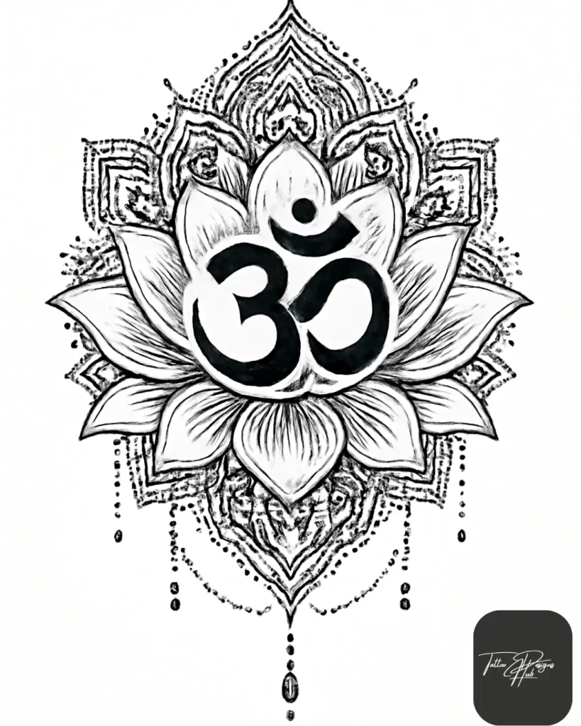  om tattoo design- Om is the universal sound of creation and stands for peace, spiritual awakening, and harmony. It is believed to bring tranquility and protection against negativity. People often get it on the forearm, wrist, back of the neck, or palm.