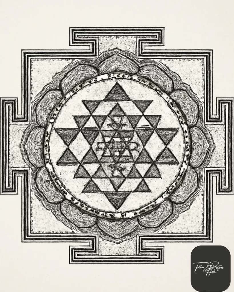 shree yantra An intricate geometric pattern with nine interlocking triangles.