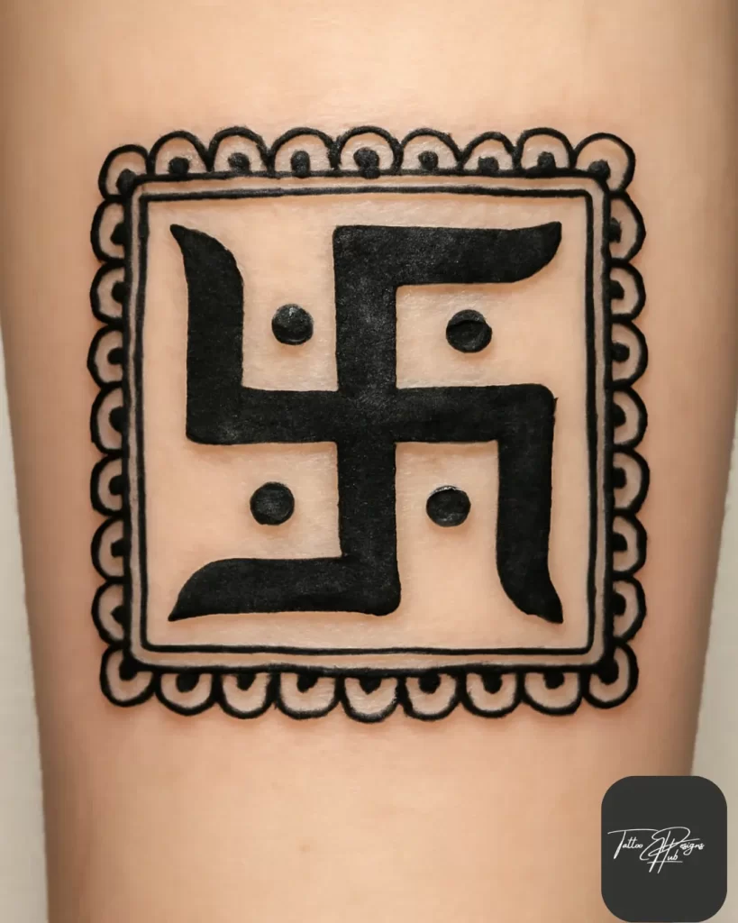 A four-armed cross, sometimes with dots, and often combined with conch, mantras, or a turtle. swastika tattoo design