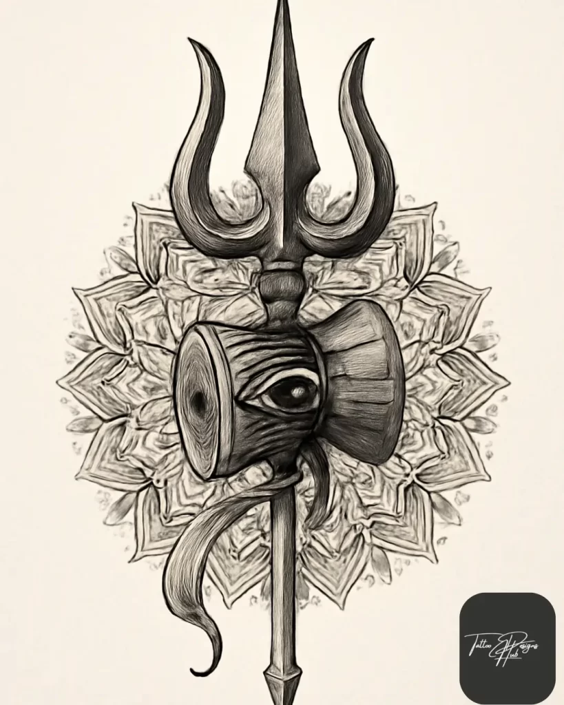 Trishul tattoo desogns- It stands for protection, destroying negativity, spiritual awakening, and strength. The three points of the trishul represent rajas, tamas, sattva (the qualities of nature), and heaven, earth, and the underworld. This design is popular on the biceps, forearm, back, or chest and symbolizes power and balance.