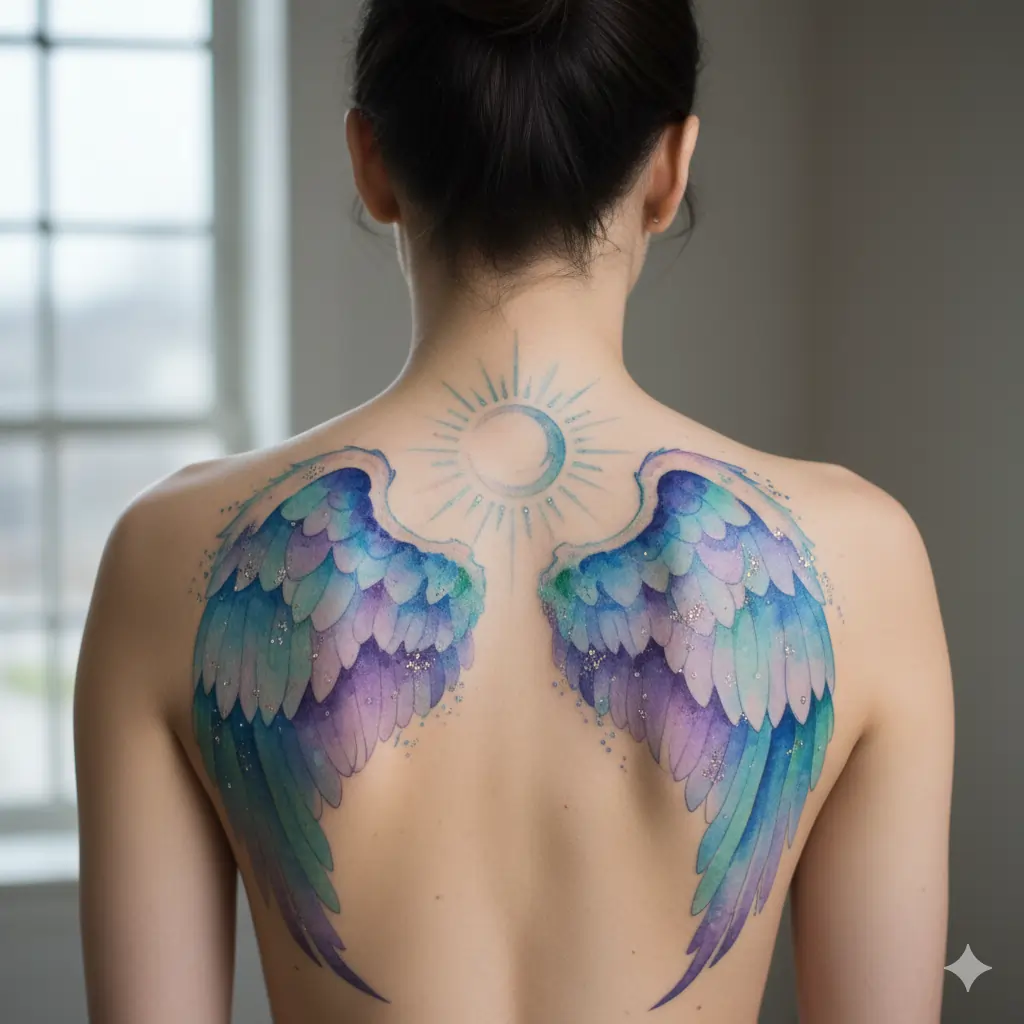 Watercolor Angel Wings Tattoo Ideas for Women's Back | Ethereal & Vibrant Ink