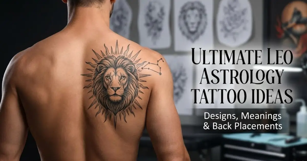 Bold leo astrology tattoo lion head design on back